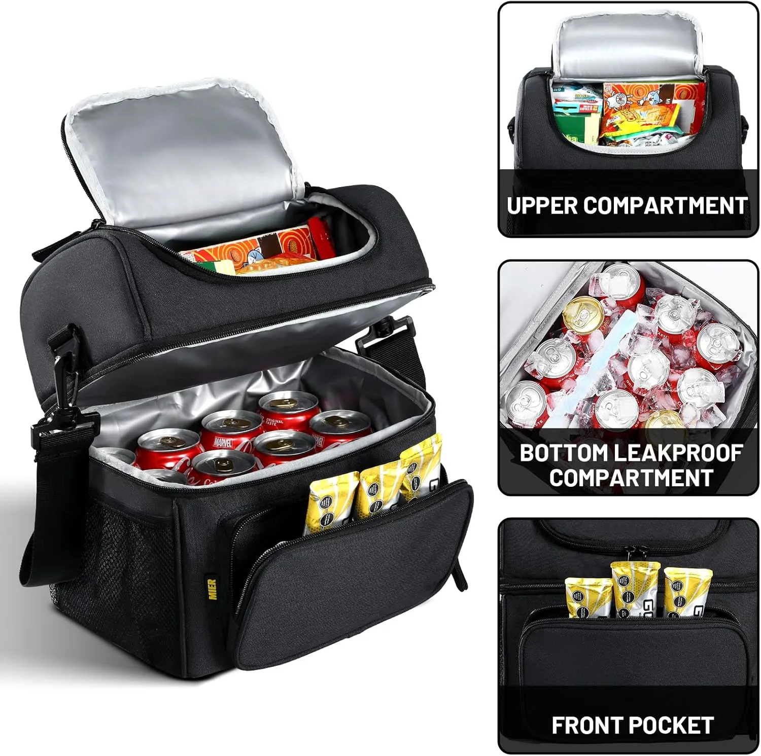 MIER Mens Insulated Lunch Box, Dual Compartment Large Lunch Bag Coolers with Shoulder Strap for Men Women Adult to Office Work, Picnic, Travel, Outdoors, Black