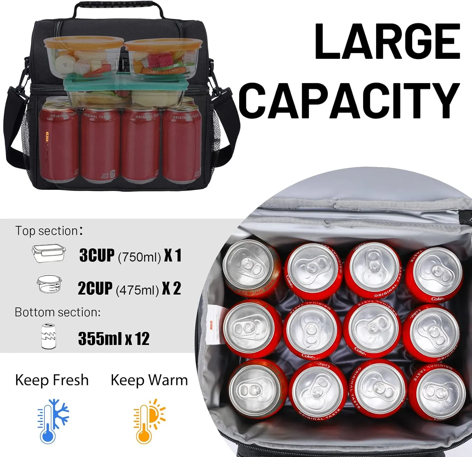 MIER Mens Insulated Lunch Box, Dual Compartment Large Lunch Bag Coolers with Shoulder Strap for Men Women Adult to Office Work, Picnic, Travel, Outdoors, Black