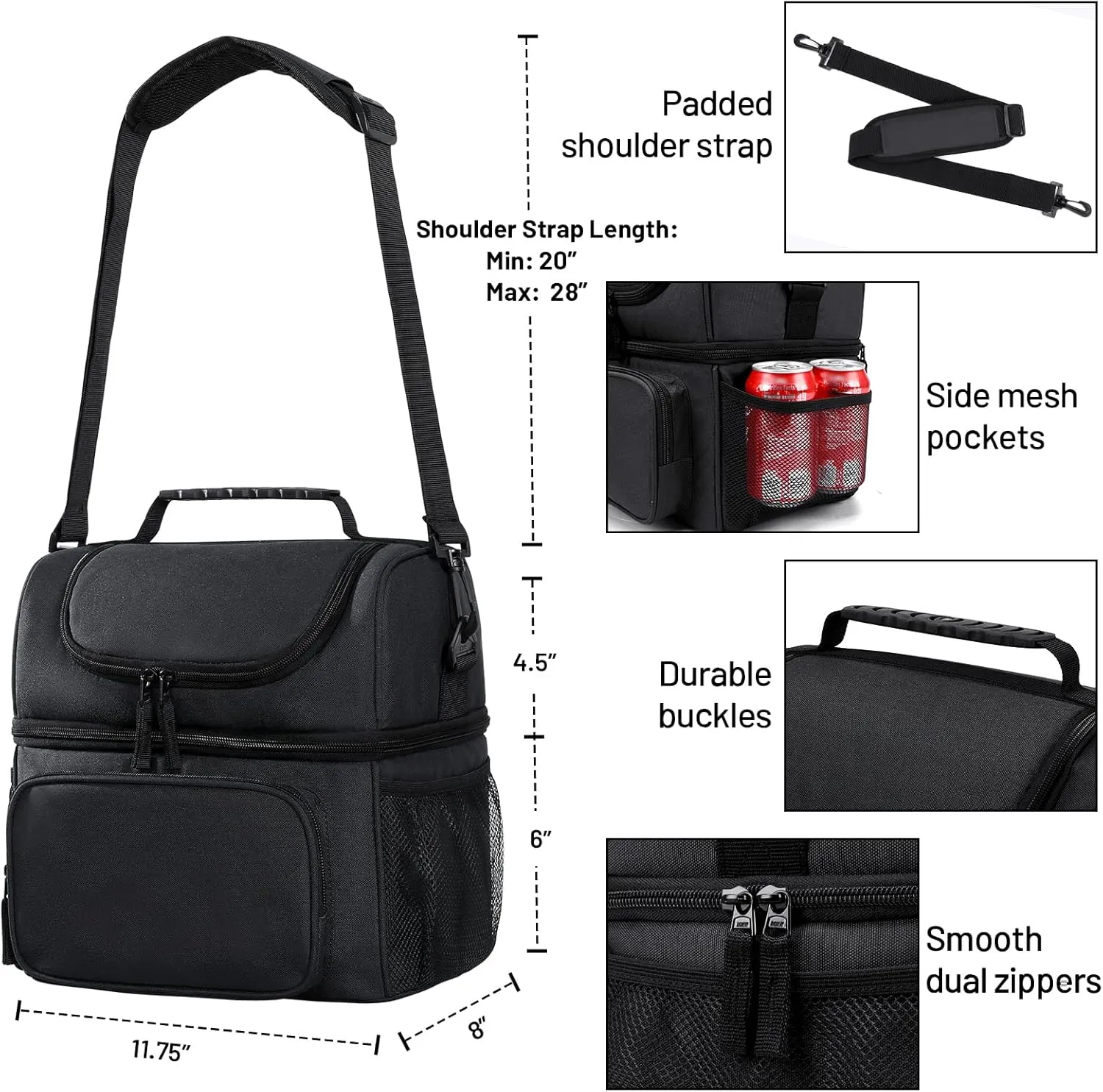MIER Mens Insulated Lunch Box, Dual Compartment Large Lunch Bag Coolers with Shoulder Strap for Men Women Adult to Office Work, Picnic, Travel, Outdoors, Black