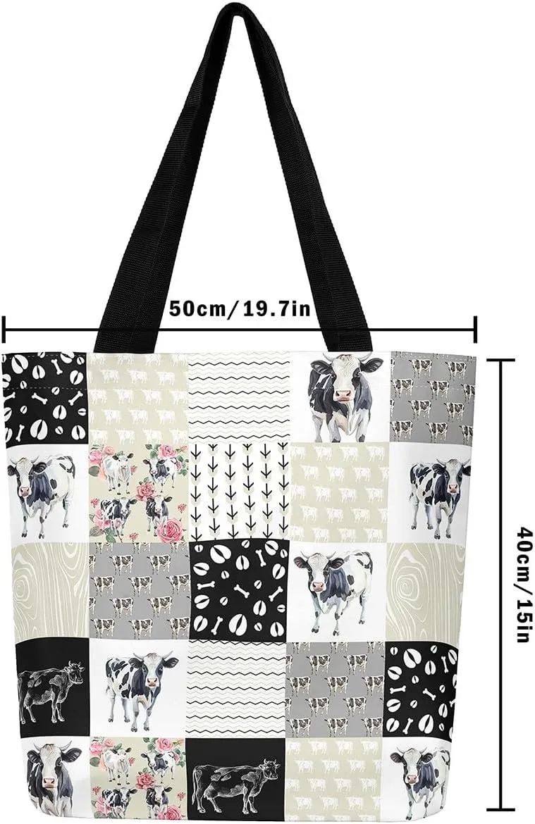 Milk Cow Canvas Tote Bag Farm Animals Shoulder Bag for Women,Western Cowboy Bull Cattle Shoulder Bag