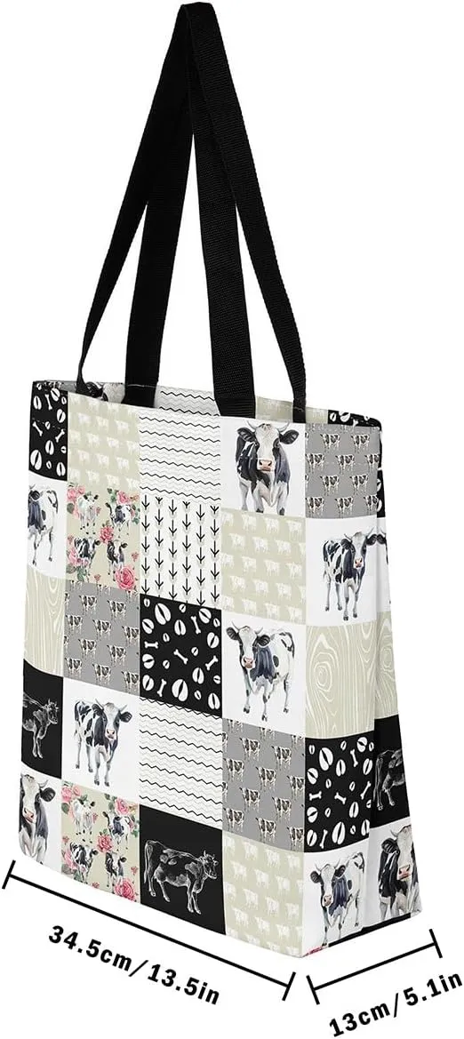 Milk Cow Canvas Tote Bag Farm Animals Shoulder Bag for Women,Western Cowboy Bull Cattle Shoulder Bag