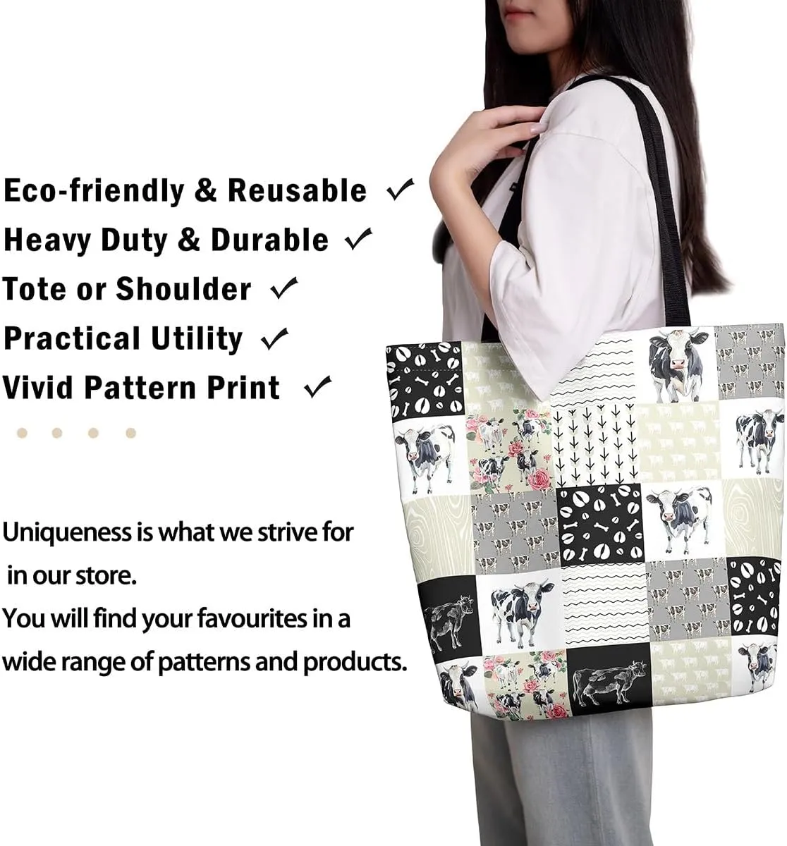 Milk Cow Canvas Tote Bag Farm Animals Shoulder Bag for Women,Western Cowboy Bull Cattle Shoulder Bag