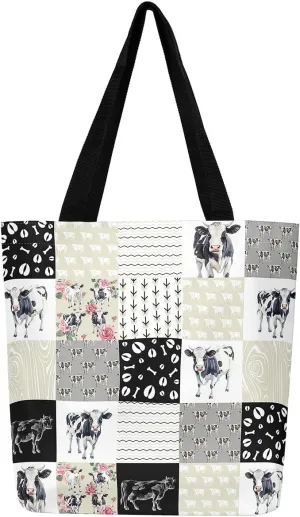 Milk Cow Canvas Tote Bag Farm Animals Shoulder Bag for Women,Western Cowboy Bull Cattle Shoulder Bag