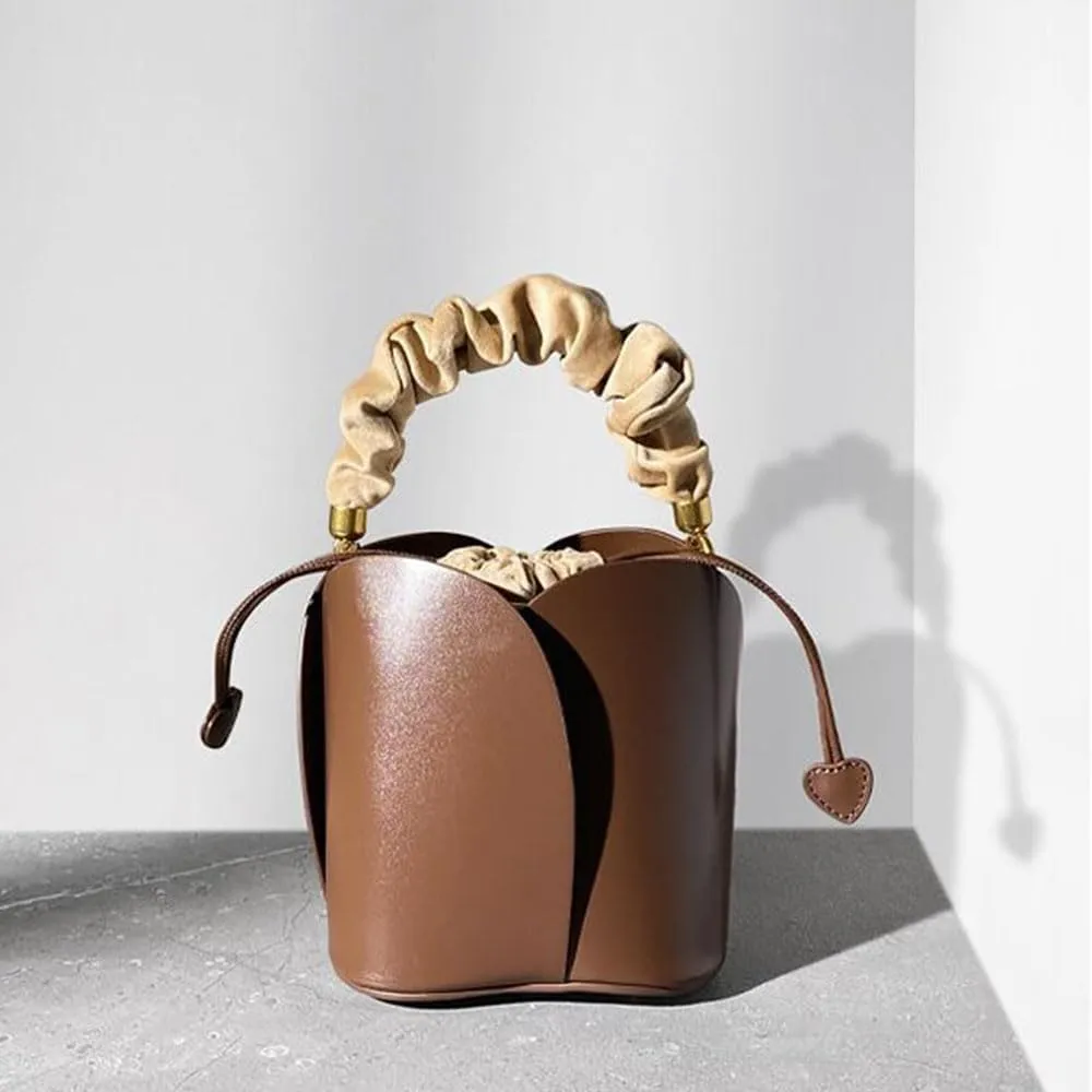 Mini petal shaped handbag shoulder bag, multi-functional cute drawstring soft leather crossbody bag