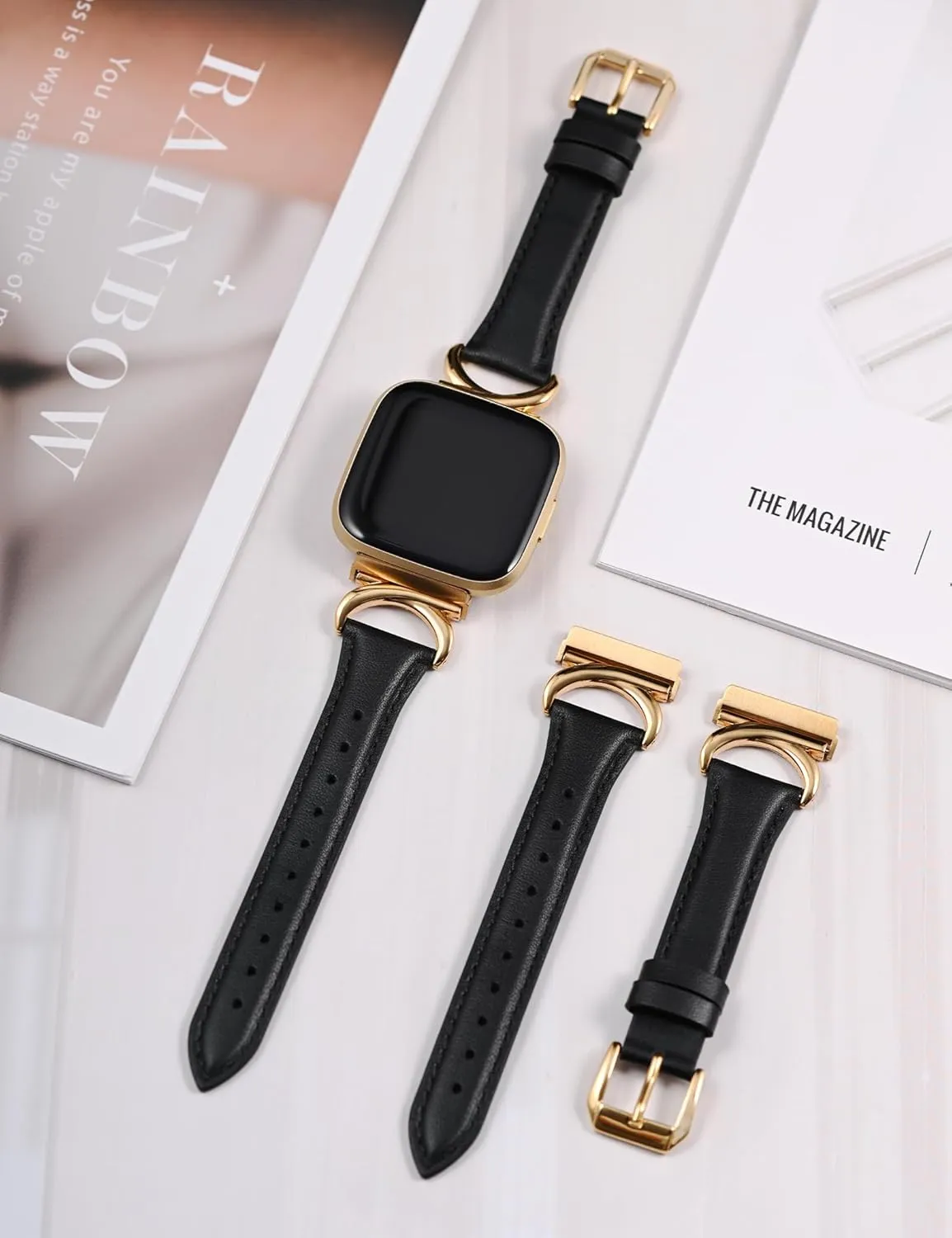 Minyee Leather Band Compatible with Fitbit Versa 2/Fitbit Versa/Versa Lite Bands Women, Slim Thin Dressy Designer Premium Leather Strap with C-Shape Metal Buckle for Versa 2 Smartwatch Accessories