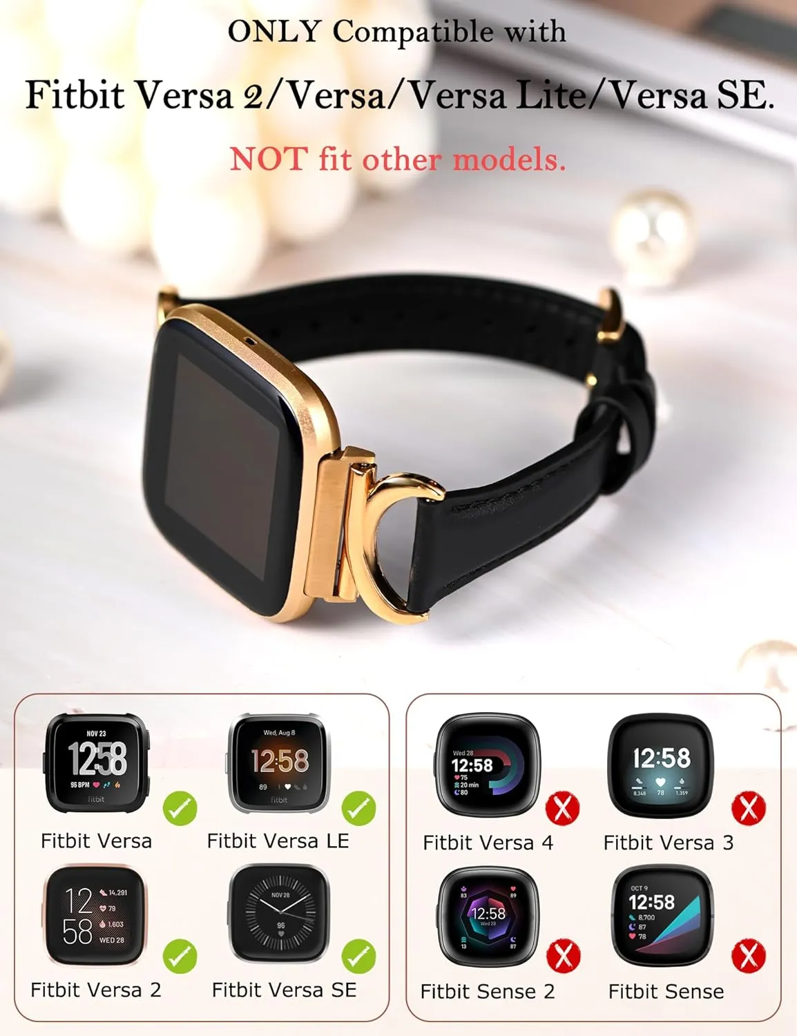 Minyee Leather Band Compatible with Fitbit Versa 2/Fitbit Versa/Versa Lite Bands Women, Slim Thin Dressy Designer Premium Leather Strap with C-Shape Metal Buckle for Versa 2 Smartwatch Accessories