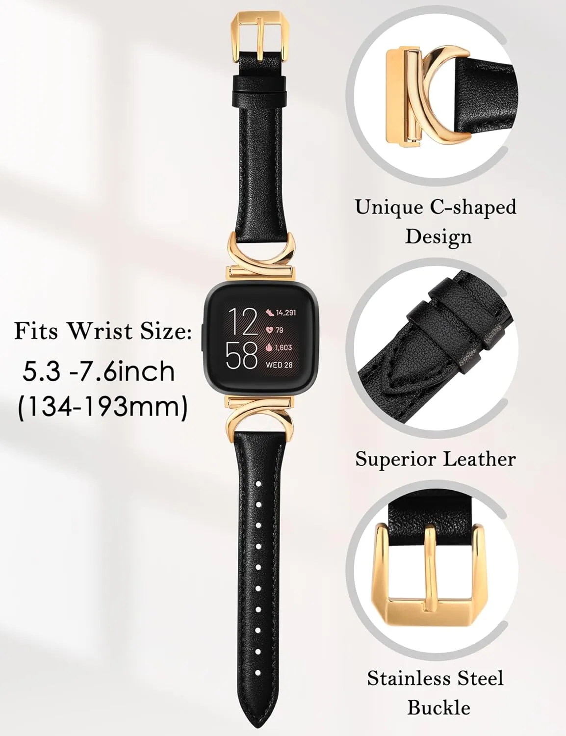 Minyee Leather Band Compatible with Fitbit Versa 2/Fitbit Versa/Versa Lite Bands Women, Slim Thin Dressy Designer Premium Leather Strap with C-Shape Metal Buckle for Versa 2 Smartwatch Accessories