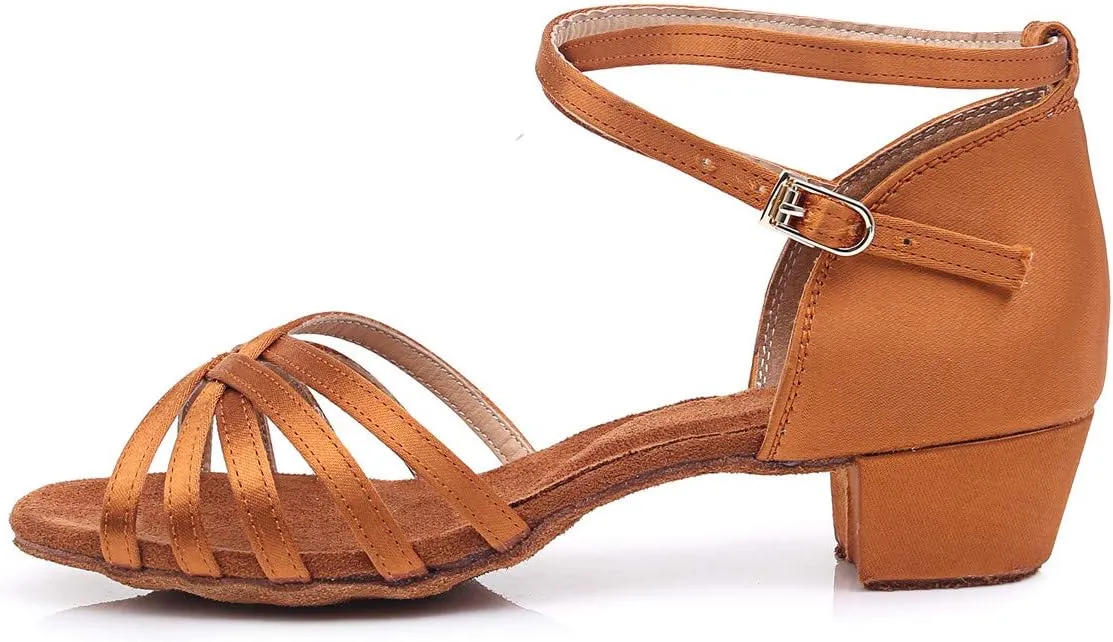 missfiona Latin Ballroom Dance Shoes for Girls Kids Satin Low Heel Salsa Tango Dancing Shoes for Women