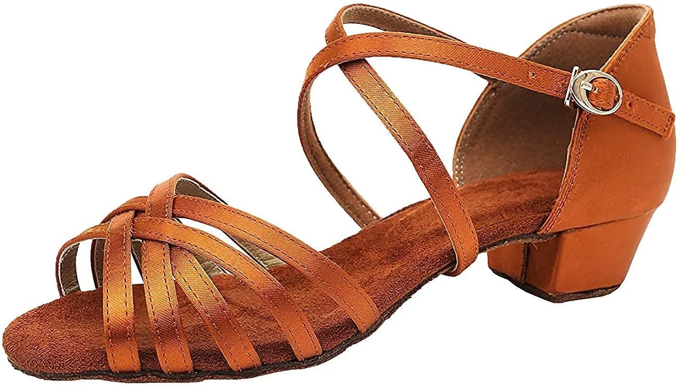 missfiona Latin Ballroom Dance Shoes for Girls Kids Satin Low Heel Salsa Tango Dancing Shoes for Women