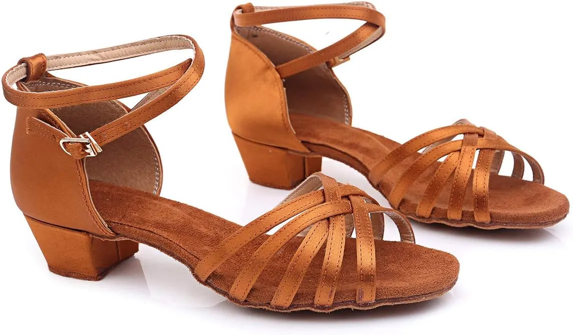 missfiona Latin Ballroom Dance Shoes for Girls Kids Satin Low Heel Salsa Tango Dancing Shoes for Women