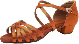 missfiona Latin Ballroom Dance Shoes for Girls Kids Satin Low Heel Salsa Tango Dancing Shoes for Women