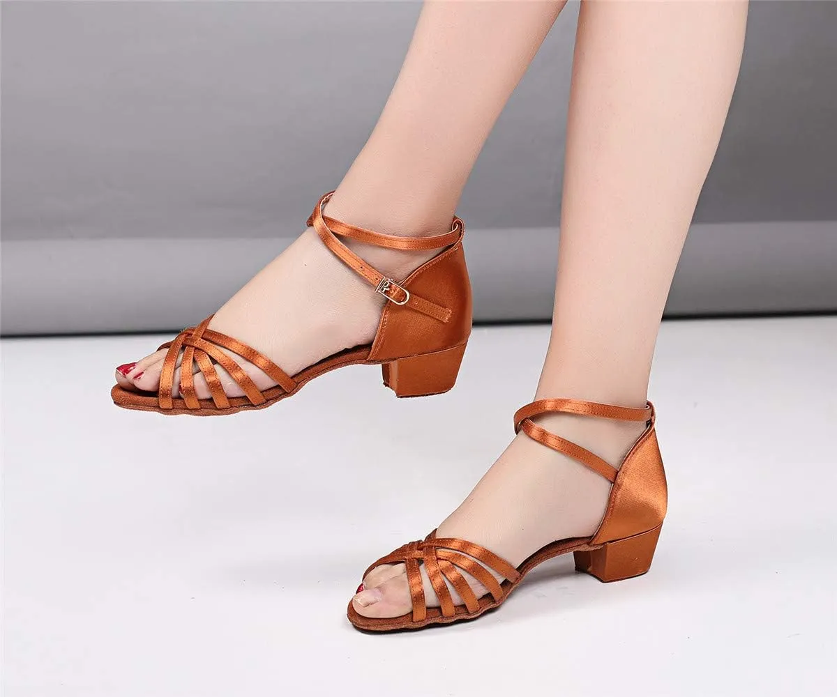 missfiona Latin Ballroom Dance Shoes for Girls Kids Satin Low Heel Salsa Tango Dancing Shoes for Women