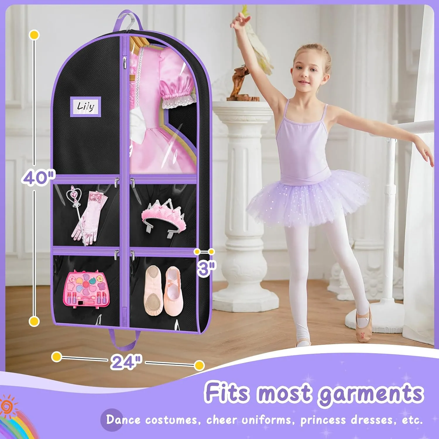 MISSLO Dance Garment Bags for Dancers with 4 Pockets Garment Bags for Dance Costumes 40" Cheer Uniform Garment Bag Hanging Kids Garment Bag for Recital, Competition, Travel, Storage (1, Black)