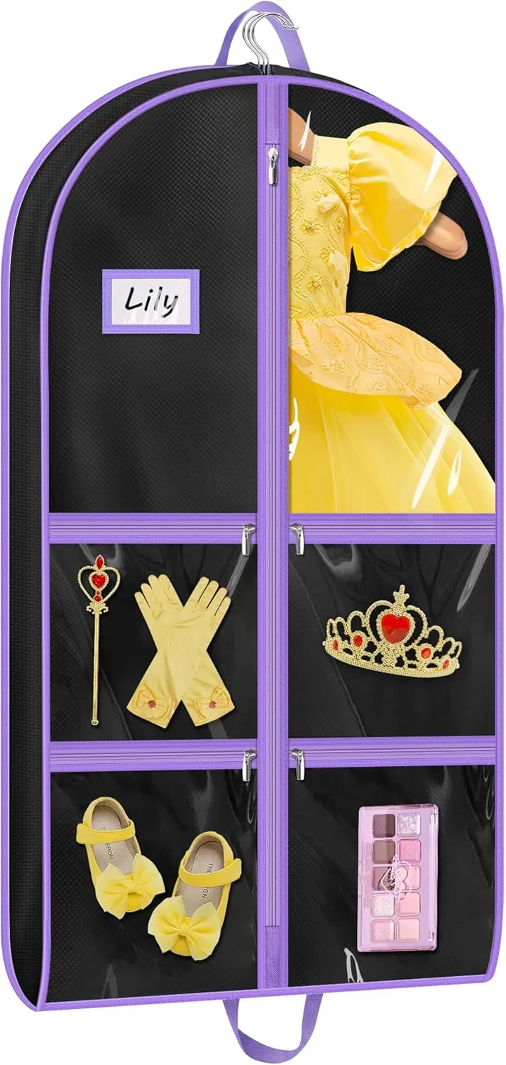 MISSLO Dance Garment Bags for Dancers with 4 Pockets Garment Bags for Dance Costumes 40" Cheer Uniform Garment Bag Hanging Kids Garment Bag for Recital, Competition, Travel, Storage (1, Black)