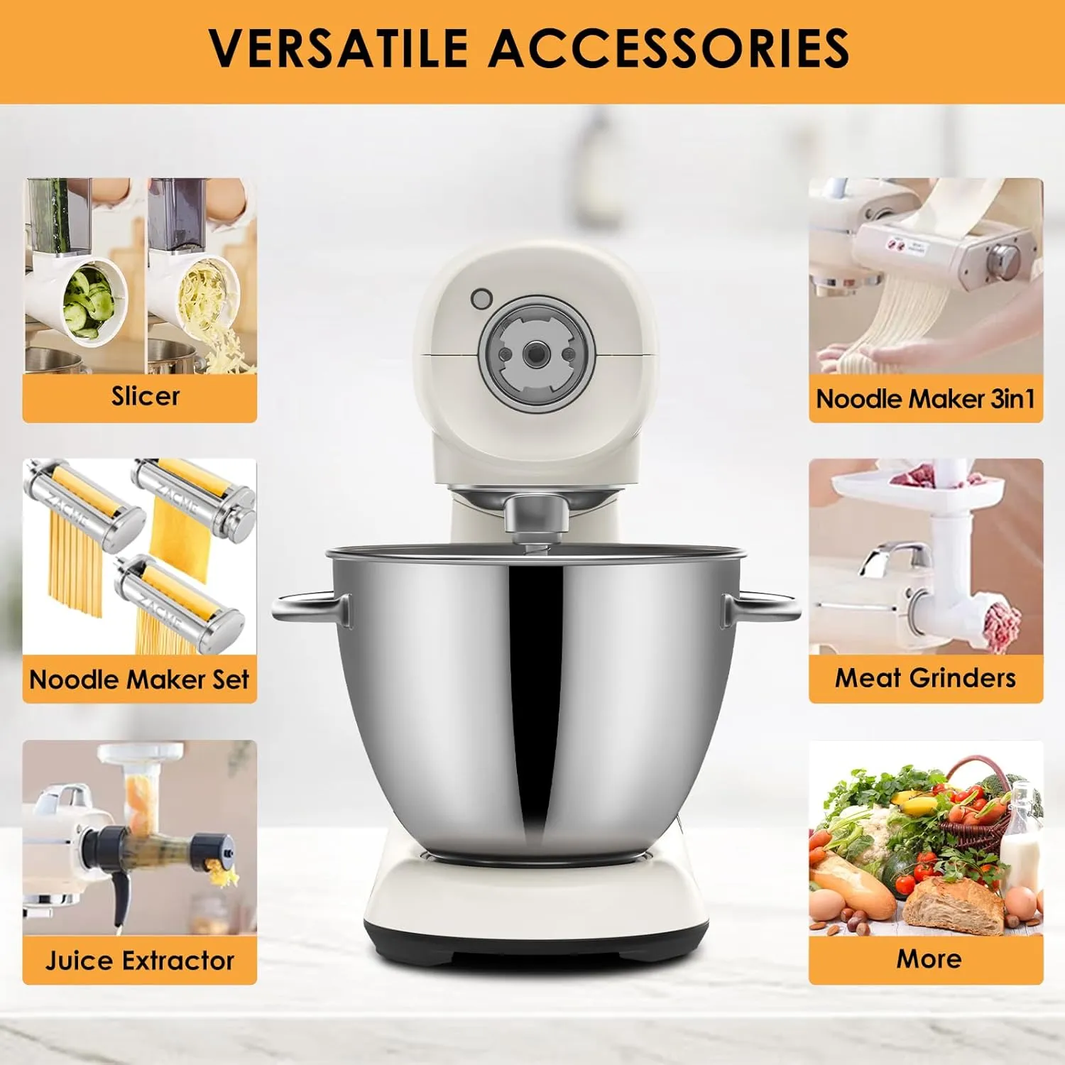 Mixers Kitchen Electric Stand Mixer 5.5QT 600W, Aluminum die casting and Gears, Dual Cooling System, Low Noise, DC Motor, LED Display and Timing Function, Tilt-head Metal Food Mixer, White