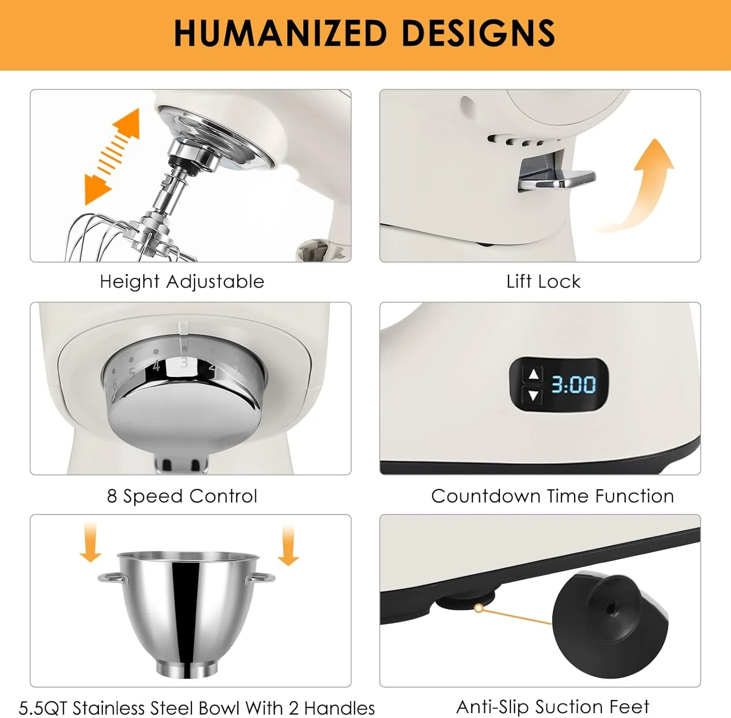 Mixers Kitchen Electric Stand Mixer 5.5QT 600W, Aluminum die casting and Gears, Dual Cooling System, Low Noise, DC Motor, LED Display and Timing Function, Tilt-head Metal Food Mixer, White