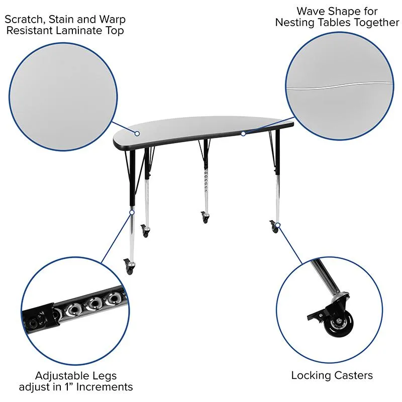 Mobile 76'' Wave Activity Table Set with 18'' Student Stack Chairs, Grey/Black - Flash Furniture