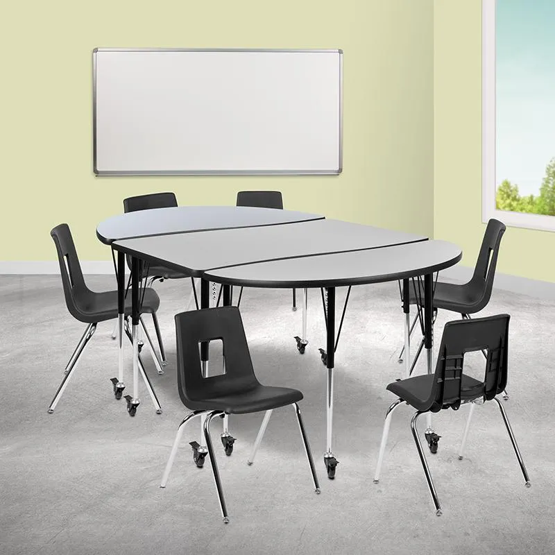 Mobile 76'' Wave Activity Table Set with 18'' Student Stack Chairs, Grey/Black - Flash Furniture