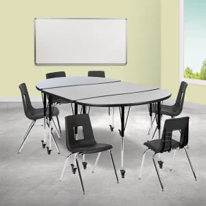 Mobile 76'' Wave Activity Table Set with 18'' Student Stack Chairs, Grey/Black - Flash Furniture