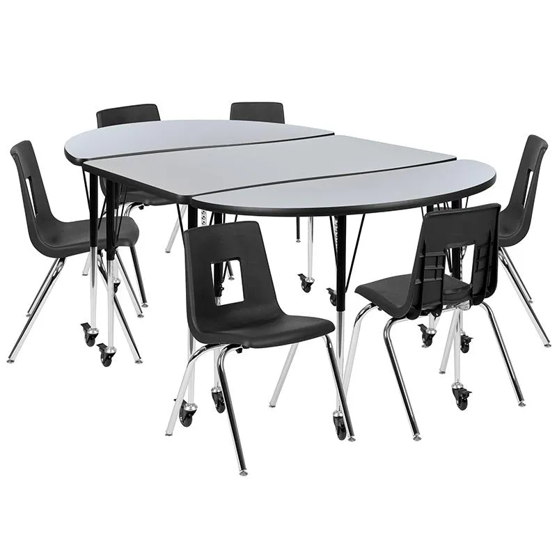 Mobile 76'' Wave Activity Table Set with 18'' Student Stack Chairs, Grey/Black - Flash Furniture