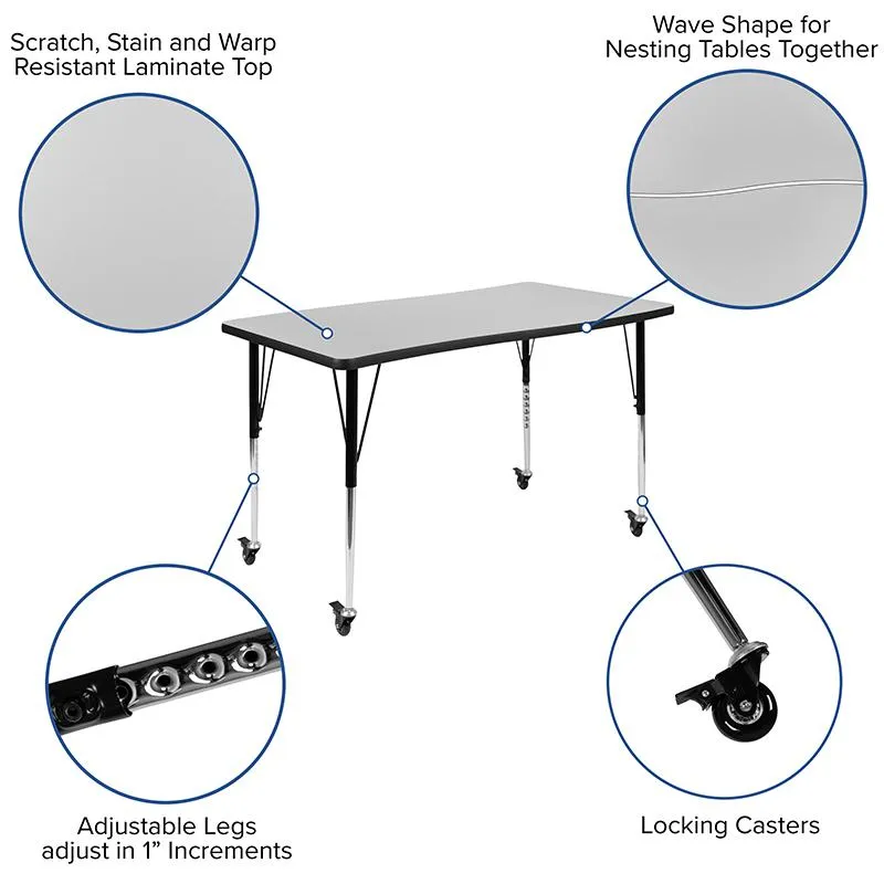 Mobile 76'' Wave Activity Table Set with 18'' Student Stack Chairs, Grey/Black - Flash Furniture