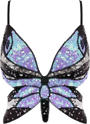 Mocure Womens Glitter Sequin Butterfly Crop Top Low-Cut Tank Top Rave Tube Vest Top for Belly Dance Costume Outfits