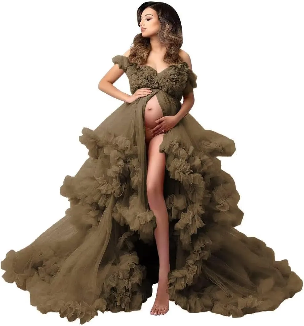 Molisa Tulle Maternity Dress for Photoshoot Puffy Ruffles Bridal Lingerie Bathgown Sheer Baby Shower Pregnancy Gowns