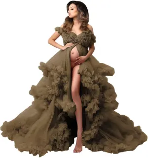Molisa Tulle Maternity Dress for Photoshoot Puffy Ruffles Bridal Lingerie Bathgown Sheer Baby Shower Pregnancy Gowns