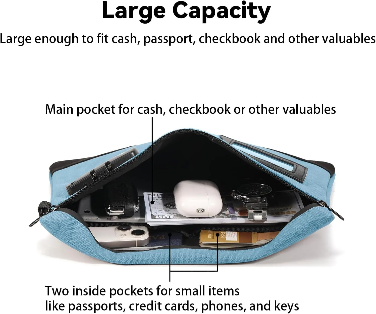 Money Bag with Lock, 11.8 x 7.9 Inches Durable Canvas Cash Pouch Bank Bag for Cash, Passports, Notary Supplies, Medicine, Valuable Storage, Light Blue