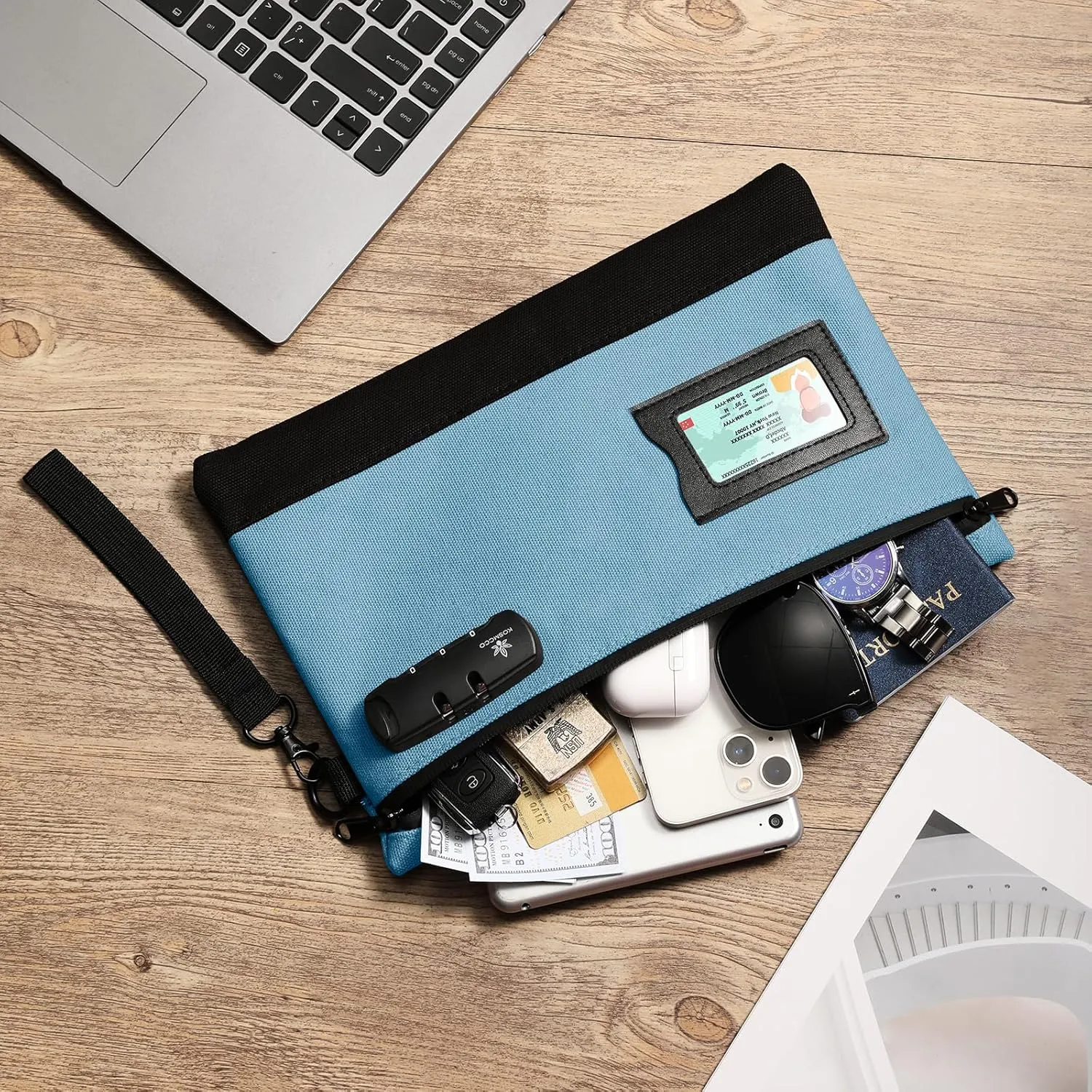 Money Bag with Lock, 11.8 x 7.9 Inches Durable Canvas Cash Pouch Bank Bag for Cash, Passports, Notary Supplies, Medicine, Valuable Storage, Light Blue