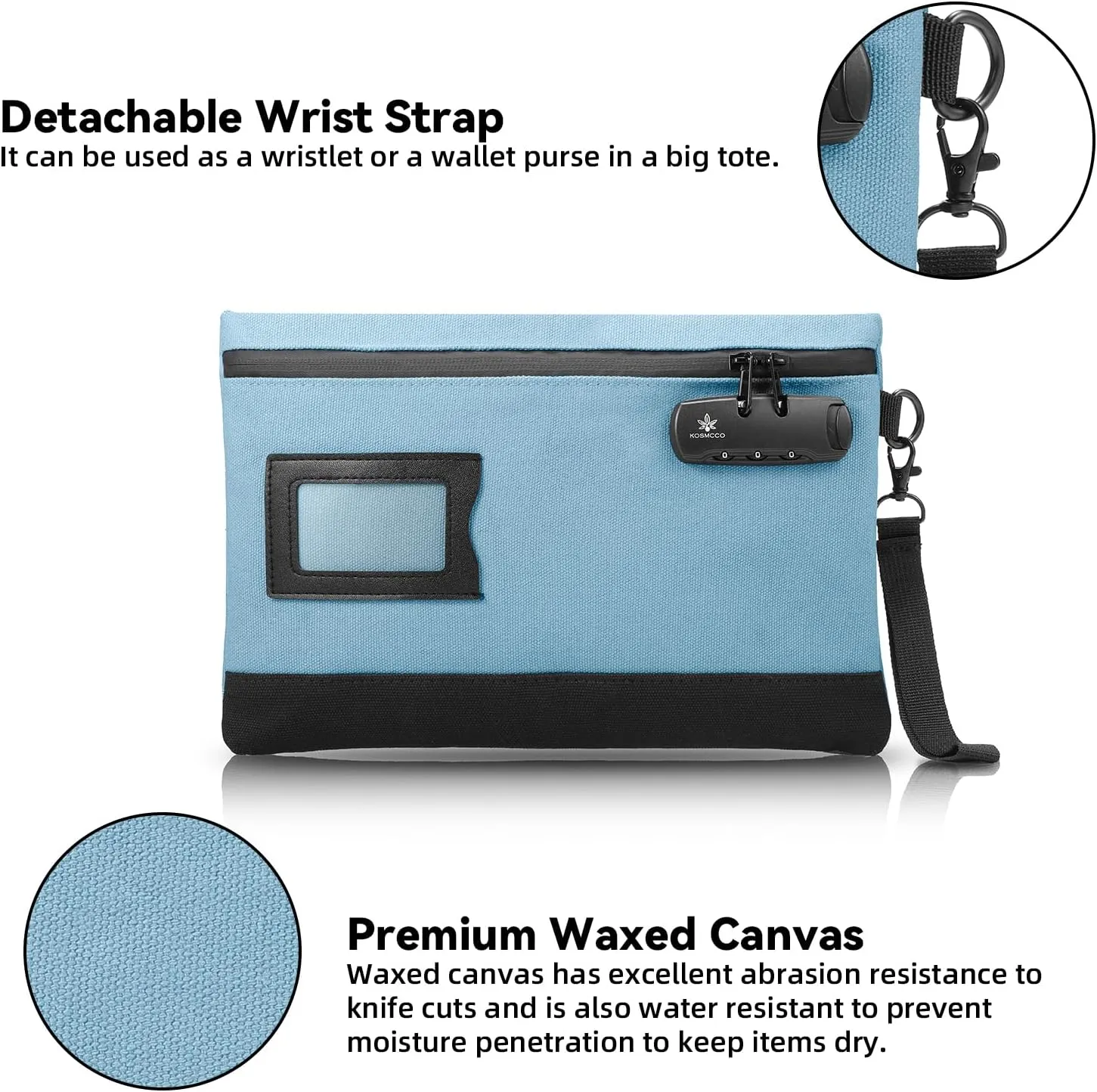 Money Bag with Lock, 11.8 x 7.9 Inches Durable Canvas Cash Pouch Bank Bag for Cash, Passports, Notary Supplies, Medicine, Valuable Storage, Light Blue