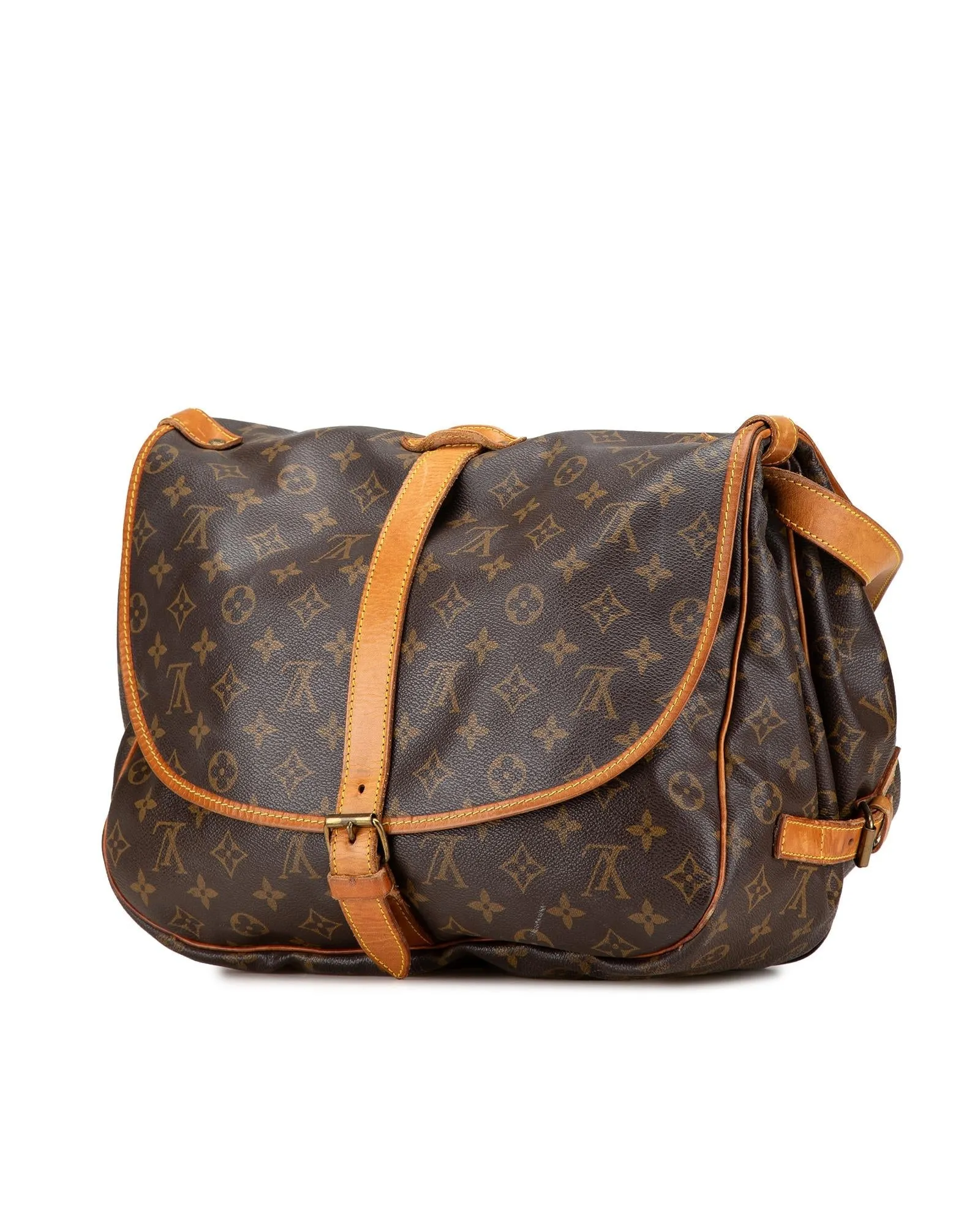 Monogram Saumur Bag with Leather Trim and Buckle Closures