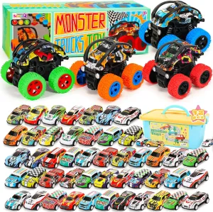 Monster Truck Toys 4Pcs and Pull Back Cars 72Pcs, Race Cars Party Favors for Kids Classroom Prizes Christmas Goodie Bag Stuffers Birthday Gifts