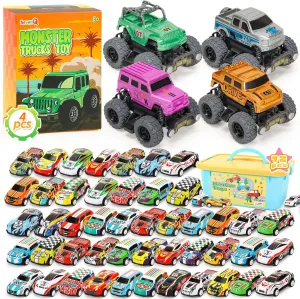 Monster Truck Toys 4Pcs and Pull Back Cars 72Pcs, Race Cars Party Favors for Kids Classroom Prizes Christmas Goodie Bag Stuffers Birthday Gifts