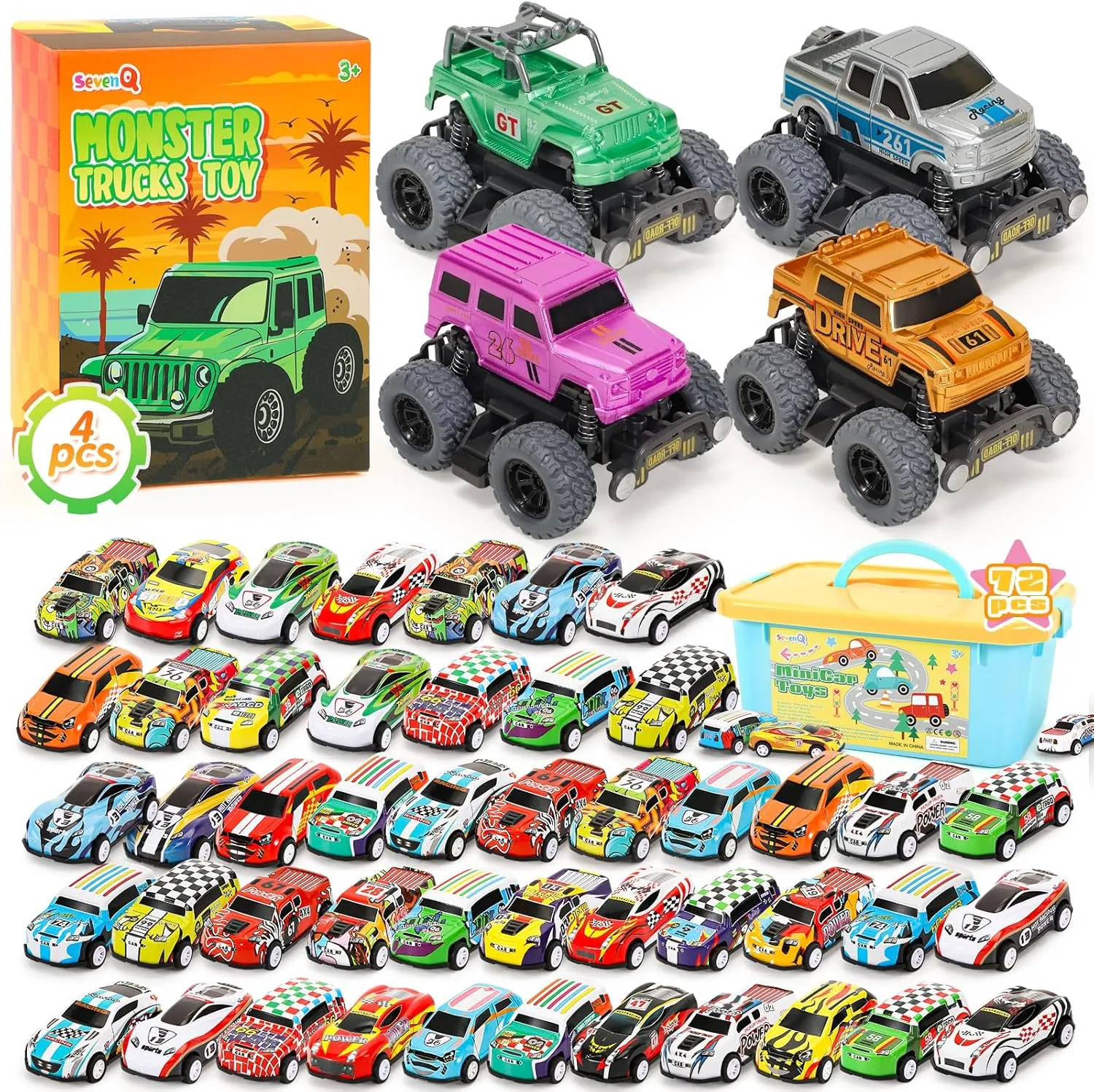 Monster Truck Toys 4Pcs and Pull Back Cars 72Pcs, Race Cars Party Favors for Kids Classroom Prizes Christmas Goodie Bag Stuffers Birthday Gifts