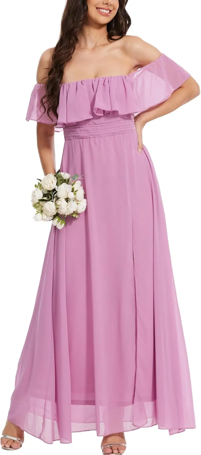Moss Rose Women's Off The Shoulder Bridesmaid Dresses Side Split Beach Maxi Formal Dress