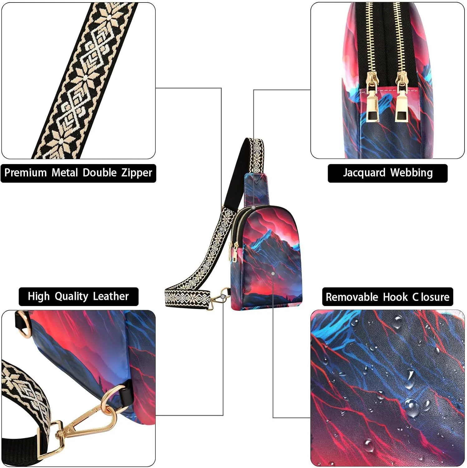 Mountain peak Small Sling Bag for Women Leather Crossbody volcano Packs Chest Bag for Men