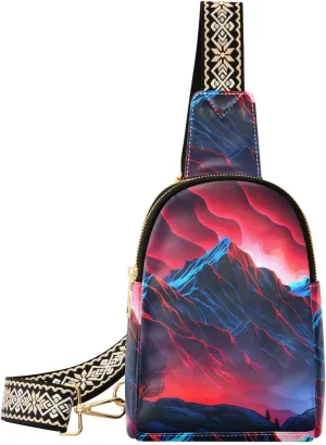 Mountain peak Small Sling Bag for Women Leather Crossbody volcano Packs Chest Bag for Men