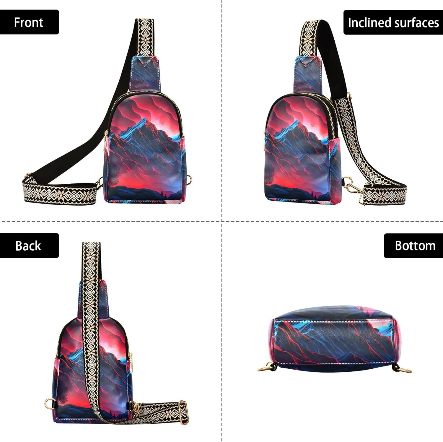 Mountain peak Small Sling Bag for Women Leather Crossbody volcano Packs Chest Bag for Men