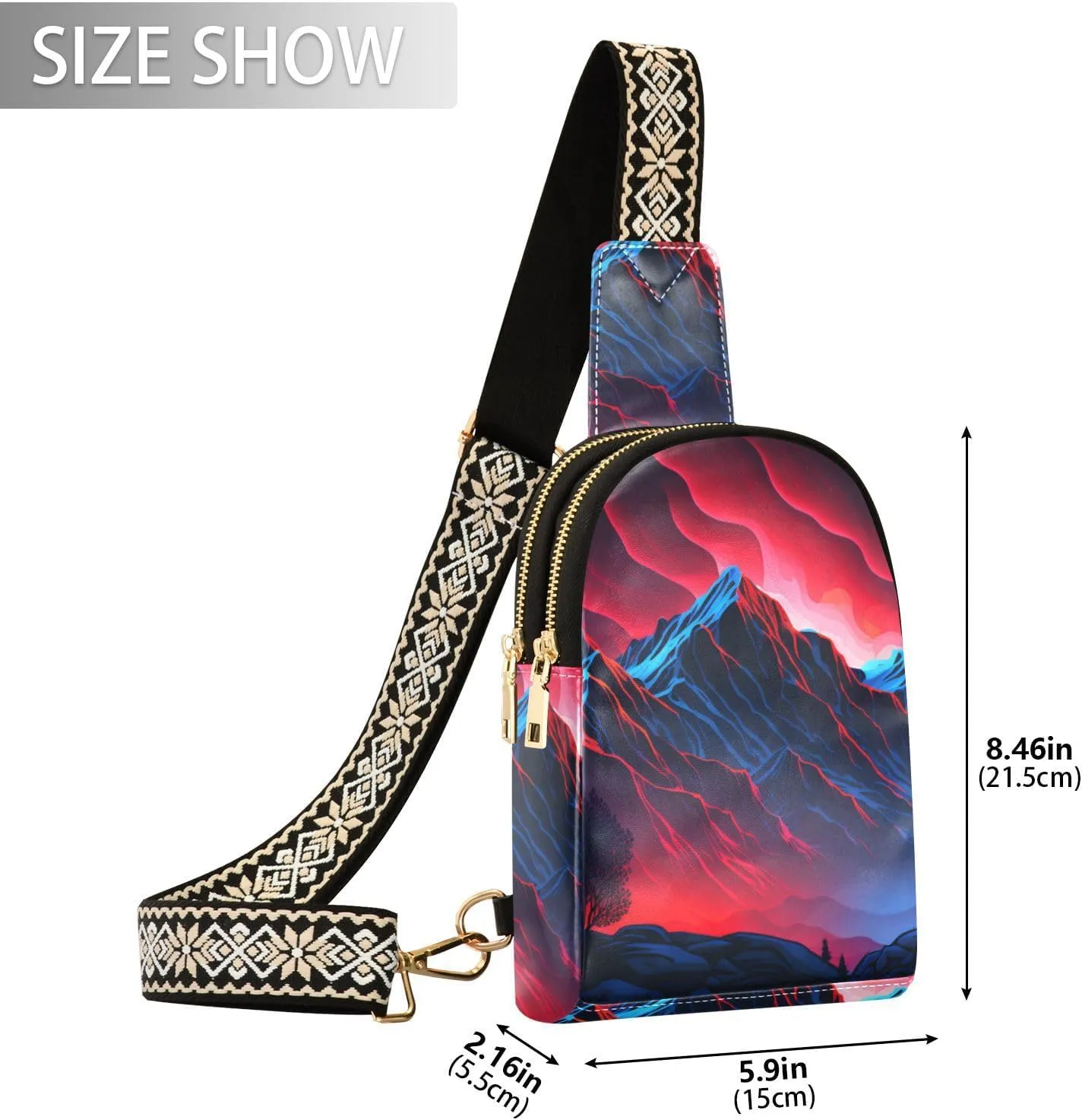 Mountain peak Small Sling Bag for Women Leather Crossbody volcano Packs Chest Bag for Men