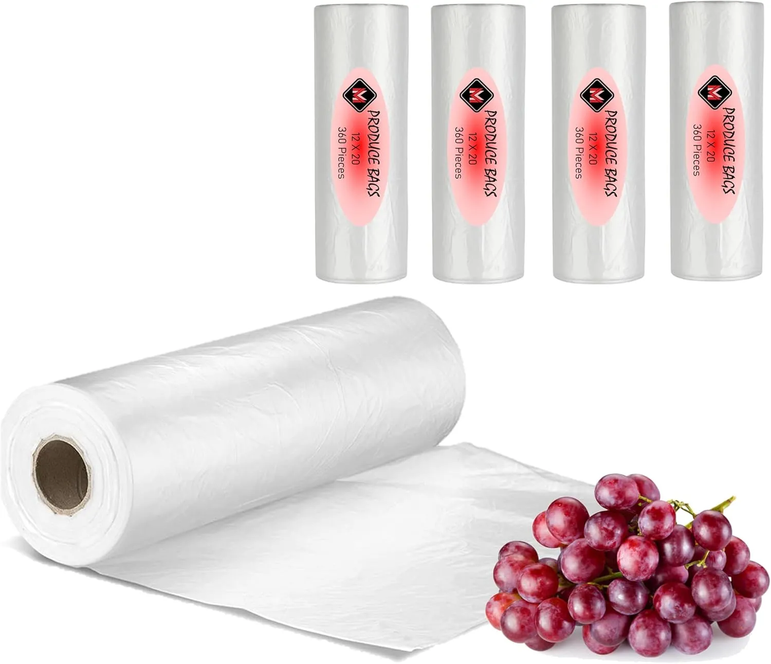 Mr Miracle Plastic Produce Bags for Food Storage - 12"x20" Clear Grocery Bag for Fruits, Vegetables, Bread - Easy Peel-Off Design, Continuous Roll, 1.75" Core, Pack of 1400 Bags [4 rolls]