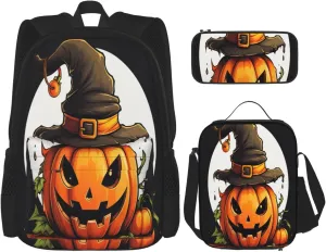 Multi Functional Halloween Cute Pumpkin Print Backpack Set With Lunch Bag And Pencil Case,Leisure,Fashion