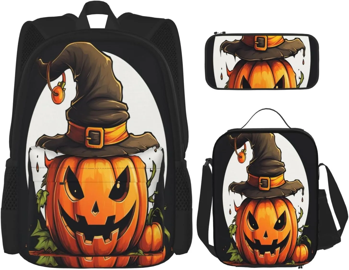 Multi Functional Halloween Cute Pumpkin Print Backpack Set With Lunch Bag And Pencil Case,Leisure,Fashion