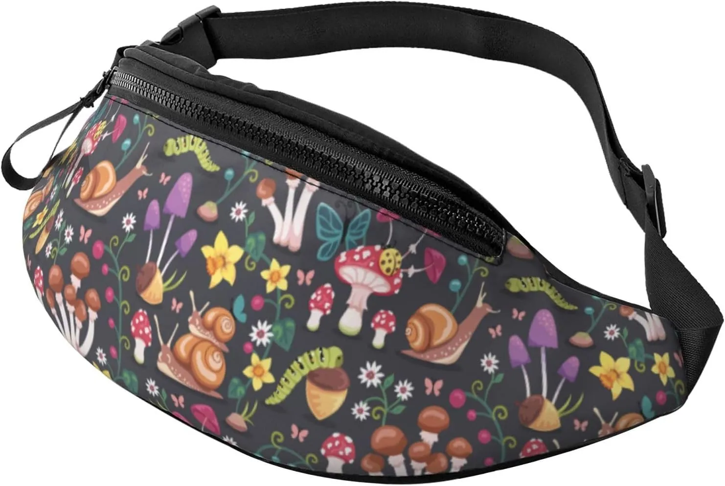 Mushroom Snail Butterfly Colored Flower Forest Fashion Casual Fanny Pack Waist Bag Men Women Adjustable Belt Waist Bag For Travel Hiking Cycling Running Festival Carnival