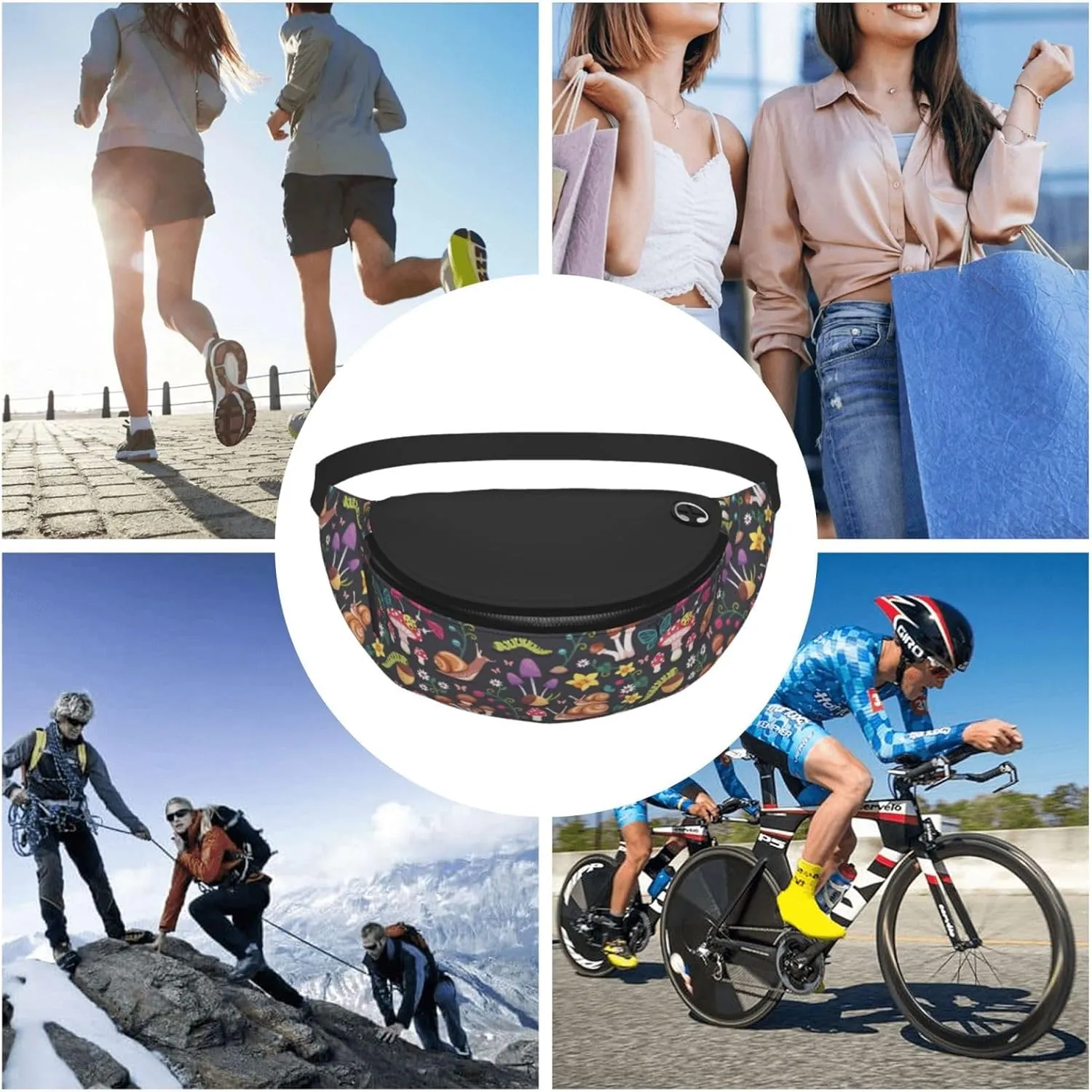 Mushroom Snail Butterfly Colored Flower Forest Fashion Casual Fanny Pack Waist Bag Men Women Adjustable Belt Waist Bag For Travel Hiking Cycling Running Festival Carnival