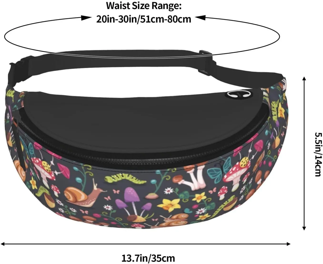 Mushroom Snail Butterfly Colored Flower Forest Fashion Casual Fanny Pack Waist Bag Men Women Adjustable Belt Waist Bag For Travel Hiking Cycling Running Festival Carnival