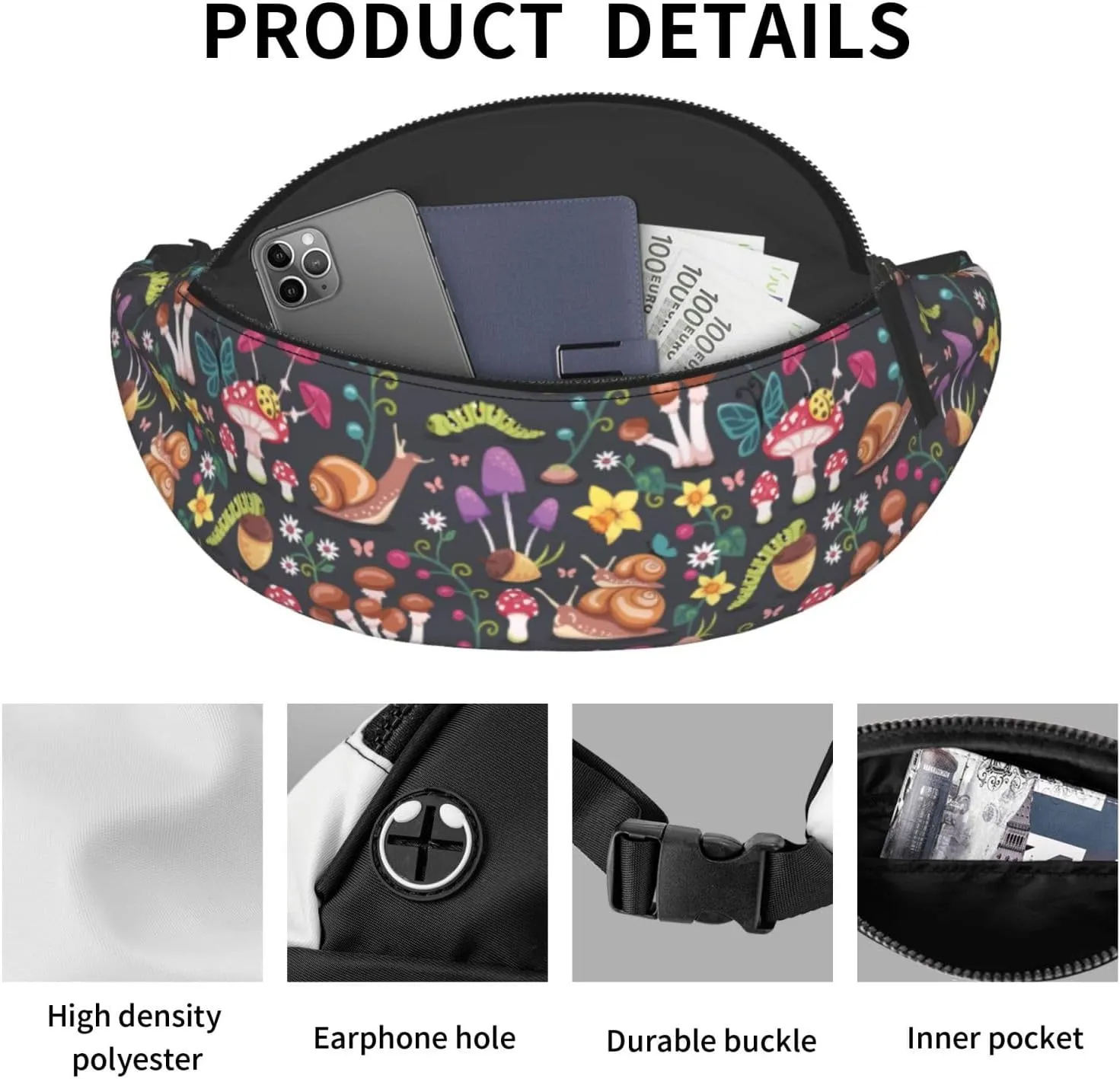 Mushroom Snail Butterfly Colored Flower Forest Fashion Casual Fanny Pack Waist Bag Men Women Adjustable Belt Waist Bag For Travel Hiking Cycling Running Festival Carnival