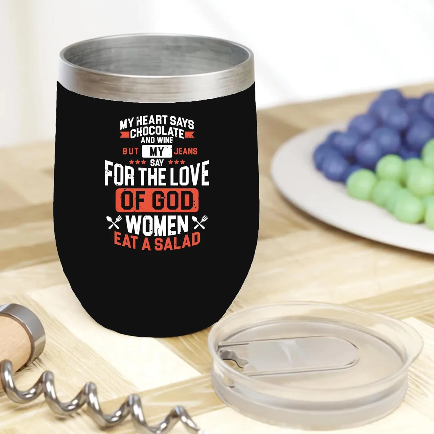 My Heart Says Chocolate And Wine. Funny Diet Quotes Gift For Male Or Female Friend Who Is Trying To Lose Weight, Fat Chef, Foodie, Food Lover, Meat Eater, Men And Women - 12oz Wine Tumbler Black