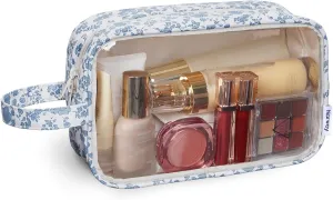 Narwey Clear Makeup Bag Cosmetic Bag with Zipper for Travel, Clear Toiletry Bags for Traveling Toiletries Women Men, Make Up Pouch with Handle, Skincare Bag (Little Blue Flower)