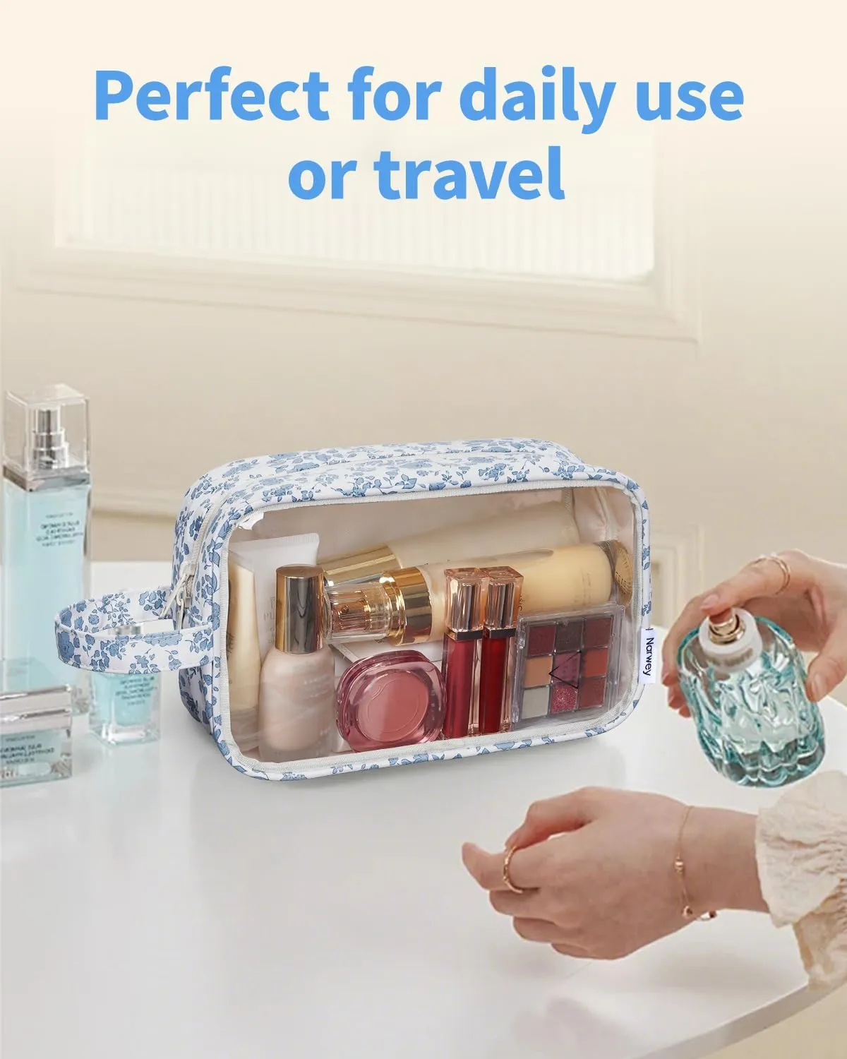 Narwey Clear Makeup Bag Cosmetic Bag with Zipper for Travel, Clear Toiletry Bags for Traveling Toiletries Women Men, Make Up Pouch with Handle, Skincare Bag (Little Blue Flower)